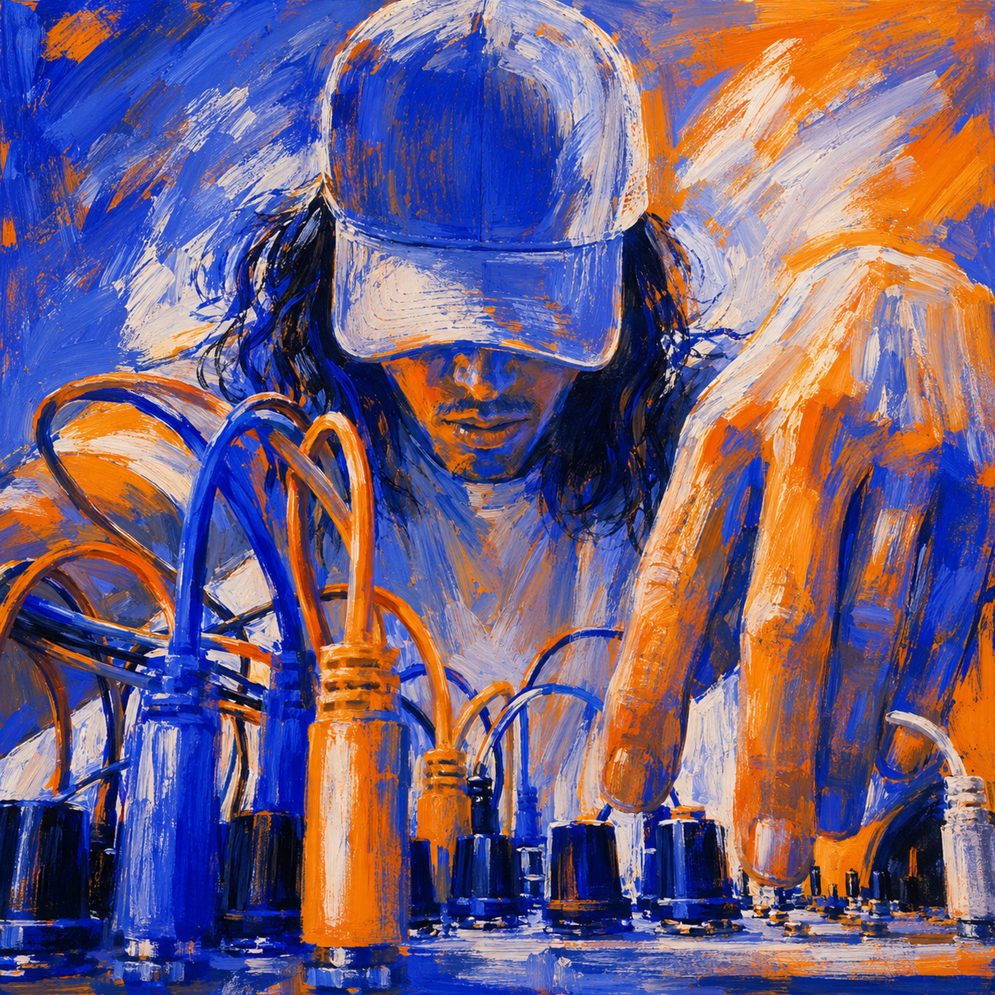 Expressionist portrait of a musician working at a mixing console, painted in vivid blue, orange and white.
